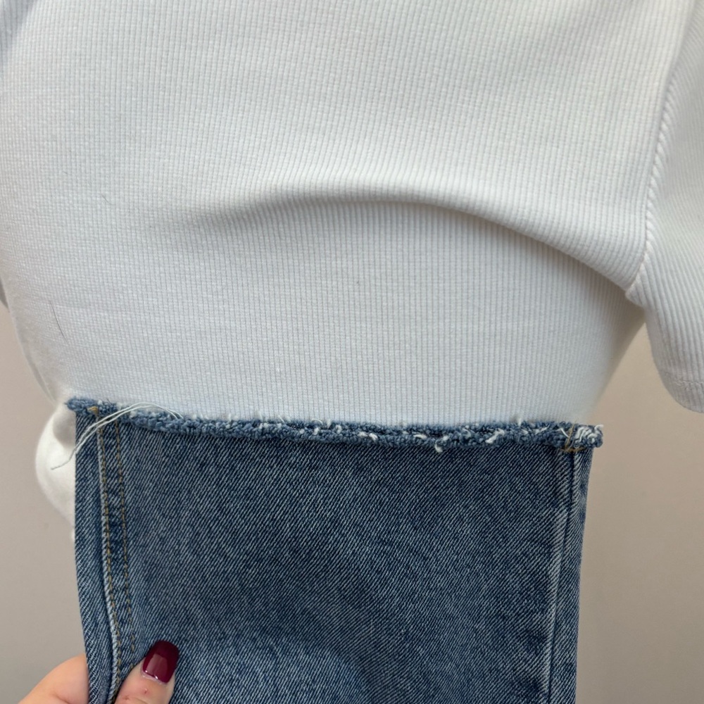 OAK + FORT Blue Wide Leg Jeans High Waisted Size xs Cotton Distressed Hem - Picture 8 of 9
